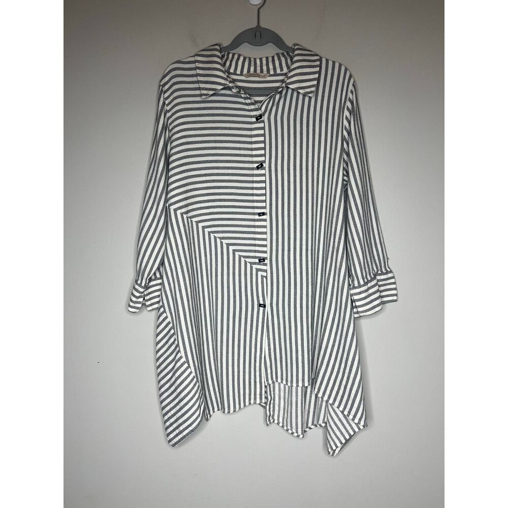 Soft Surroundings Standout Asymmetrical Striped Tunic Button Front 3/4 Sleeve